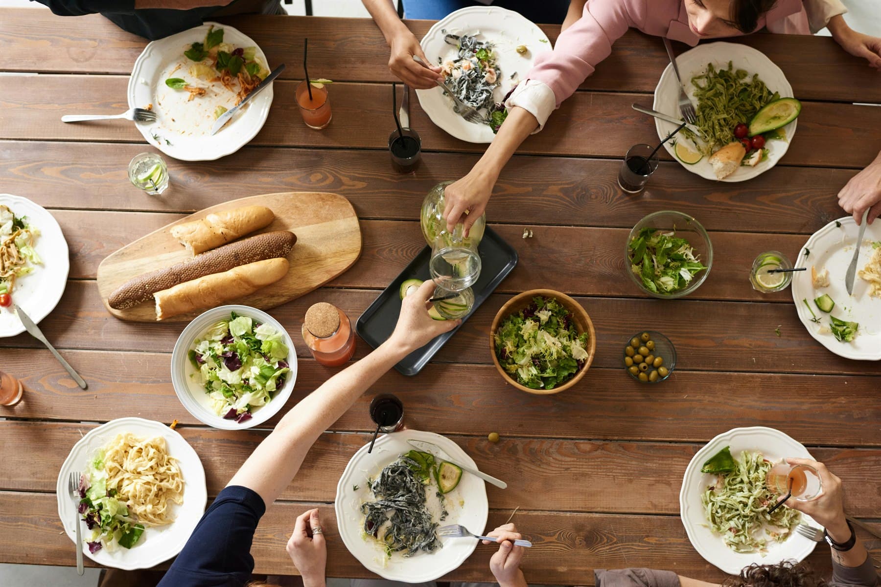 Family style meal served on a table