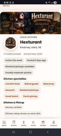 Kitchen storefront screen showing Hexturant, location, badges, specialties, and pickup details