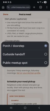 Pickup options screen showing porch, curbside, and public meetup choices