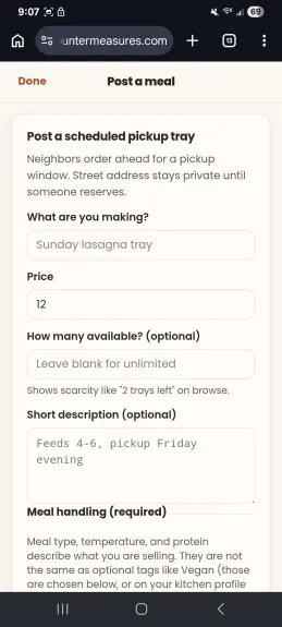 Post a meal screen showing meal title, price, quantity, description, and handling fields