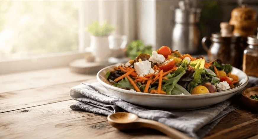 A bowl of fresh homemade salad with feta, carrots, tomatoes, and greens on a rustic wooden table